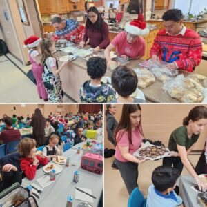 Collage of photos: Elementary students gathered in the gymnasium to have lunch together at long tables. Students serving plates of food, teachers handing out food to students standing in line.