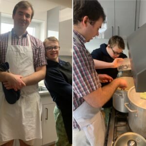 Collage of two photos: one of the school's alumni preparing pasta lunch with a current student.