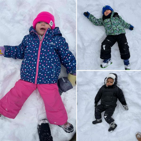 Collage Toddler students dressed in outdoor clothing making snow angels.