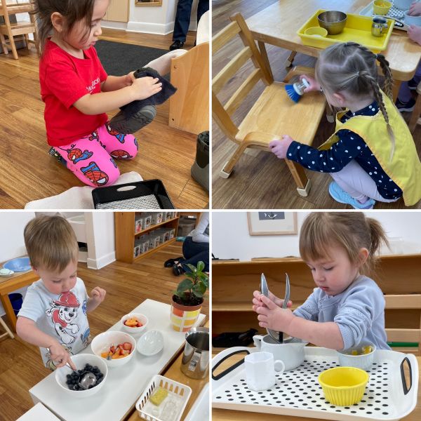 Collage of photos: Toddler age student working on practical life activities in the classroom environment: washing a boot with a cloth, cleaning a chair with a brush; spooning fruit into snack bowls; making juice squeezing a hand-held juicer