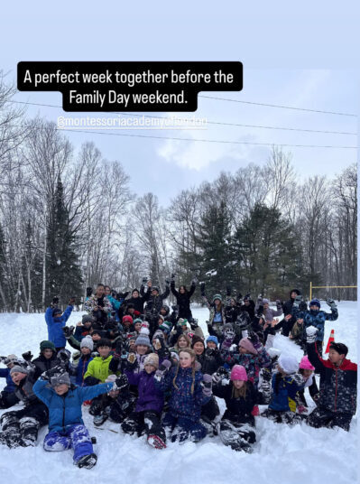 Group photo of Upper Elementary students outdoors in the snow. Caption reads: A perfect week together before the Family Day Weekend.
