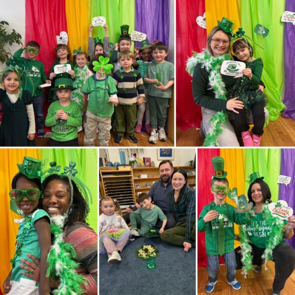 Collage of photos: students and their parents dressed in green in front of a rainbow backdrop to celebrate St. Patrick's day.
