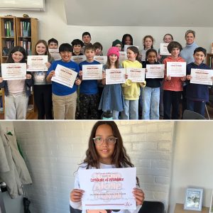 A collage of two photos: Top photo is a group of Upper Elementary students holding certifications. Bottom photo is the student who was absent for the group shot.