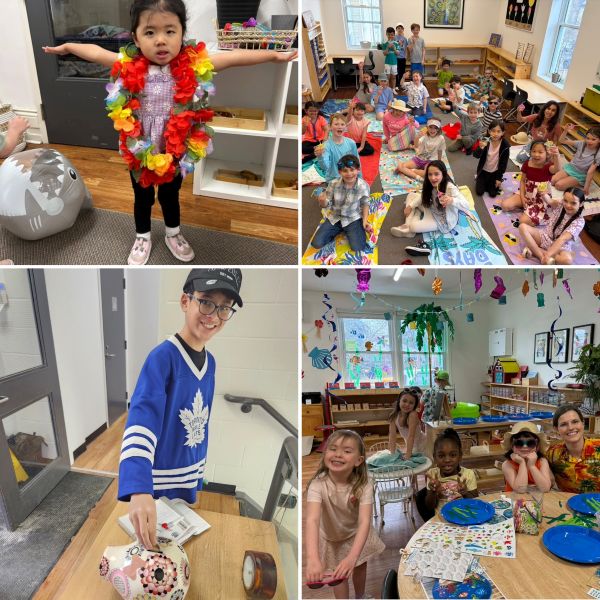 Collage of four photos: Top left is a Toddler student wearing a lei, top right, a group of Lower Elementary students eating lunch sitting on beach towles on the floor; bottom right, a group of four Casa students with a teacher eating a treat and wearing beachy clothing; bottom left, a Junior High student placing a donation into a piggy bank. 