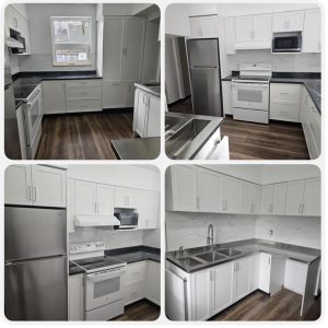Collage of photos of a renovated kitchen with white cupboards and black countertops