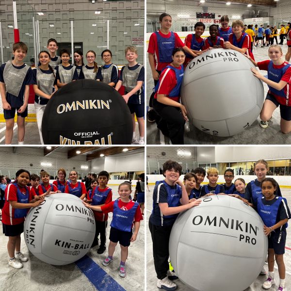 Collage of four photos showing the UE and JH teams that played in the KinBall tournament.