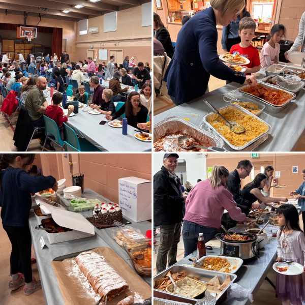 Collage of four photos showing the crowd and food brought in for the Lower Elementary Heritage Pot Luck lunch.