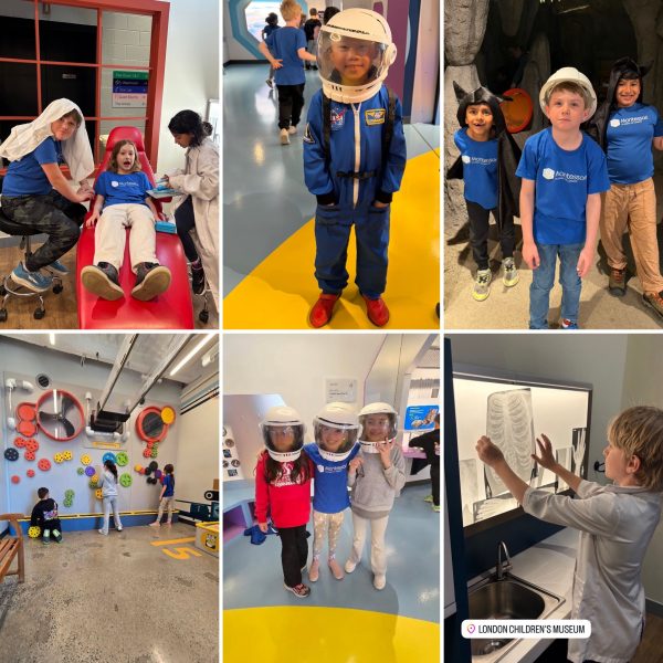 Collage: six photos of Lower Elementary students enjoying the activities at the London Children's Museum.