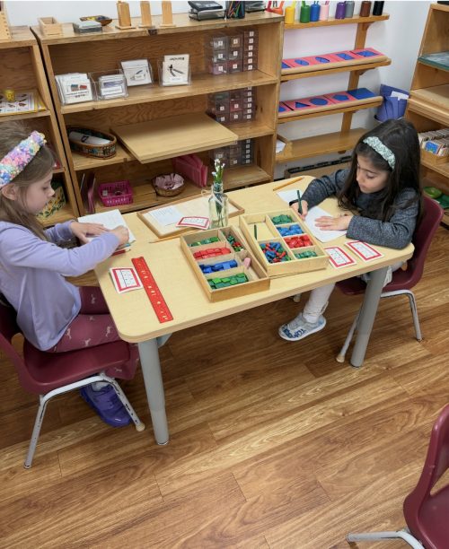 Two girls sit across from each other at a table using the Montessori material called the Stamp Game.