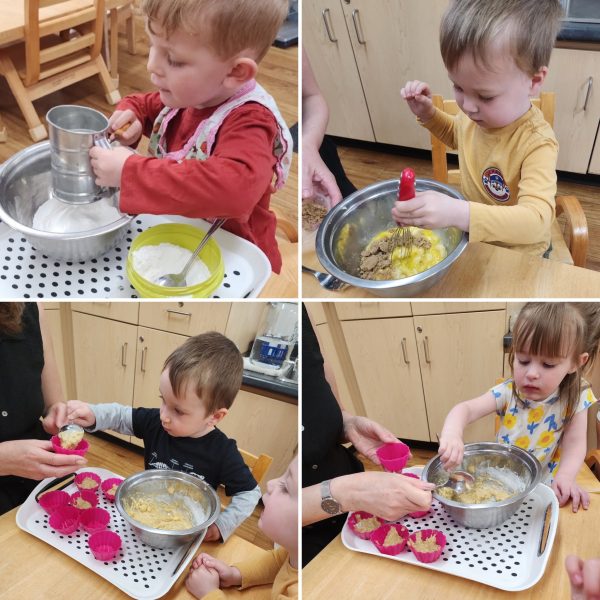 Collage of four Toddler students making banana muffins - each doing one step in the process: mixing the flour, stirring the batter, scooping the dough into cupcake cups.